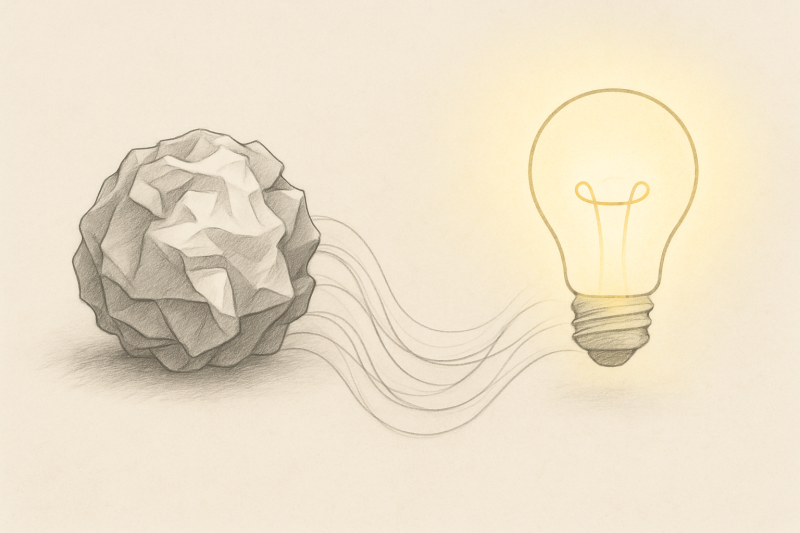 Crumpled paper transforming into a glowing lightbulb, drawn in pencil on a beige background.