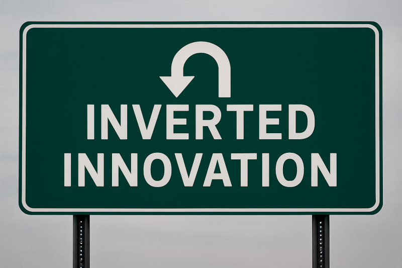 Road sign reading ‘Inverted Innovation’ with a U-turn symbol, illustrating a reversal of traditional innovation logic.