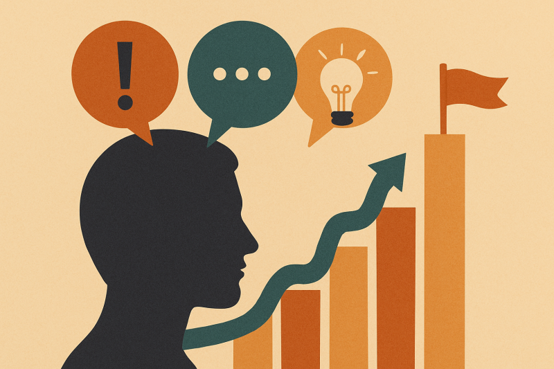 Stylized silhouette with speech bubbles and a zigzag arrow rising toward a bar chart.