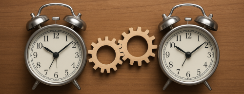 Two alarm clocks synchronized by two gears